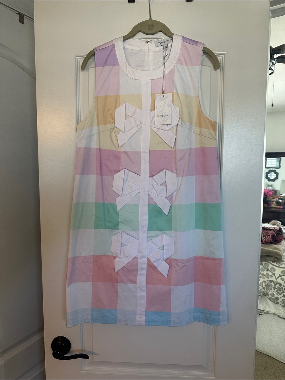 Prosperina/ Red Dress Sleeveless Pastel Stripe Dress with Bow Details